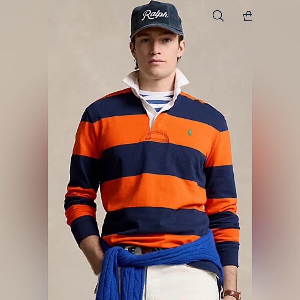Polo Ralph Lauren Orange Navy Striped Rugby Polo Long Sleeve Shirt Size Large